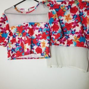 Cropped and Mesh Flower Top and Flower Skirt